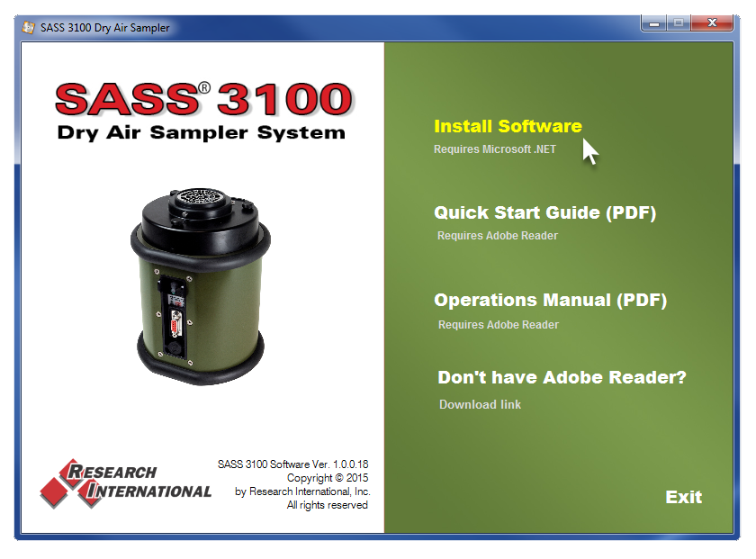SASS 3100 software installation screen